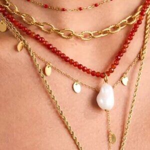 Red Beaded Necklace w/Large Pearl Necklace Waterproof Summer Beach Jewelry